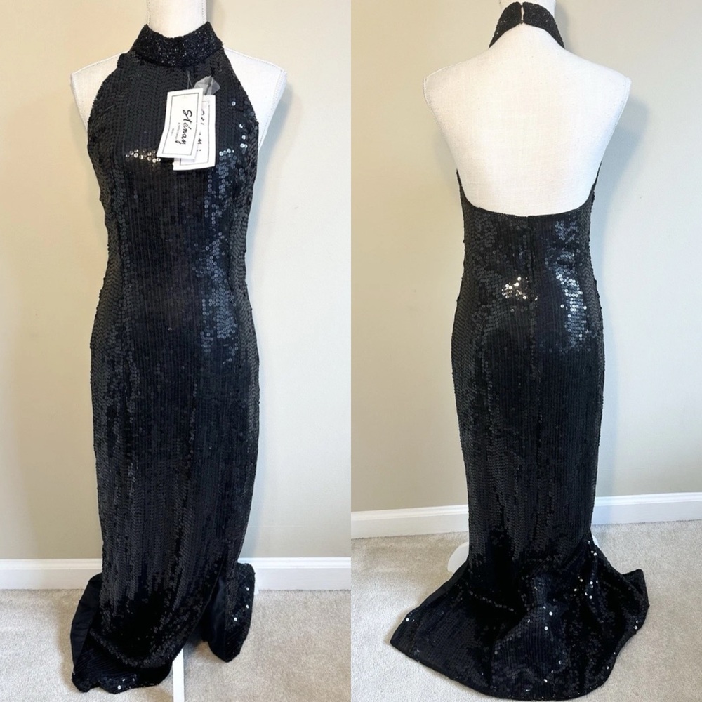 Stenay 8 Evening Dress Halter Beaded Black Full Length Backless Sequin Formal
